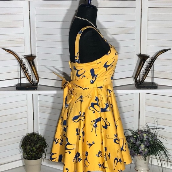 Vintage IXIA Cat Print Mini Dress Yellow Blue Small - Picture 3 of 13